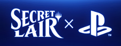 Collaboration logo between Secret Lair and PlayStation on a blue background