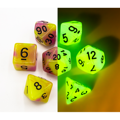 CHC - Set of 7 Fusion Glow In Dark Polyhedral Dice with Numbers