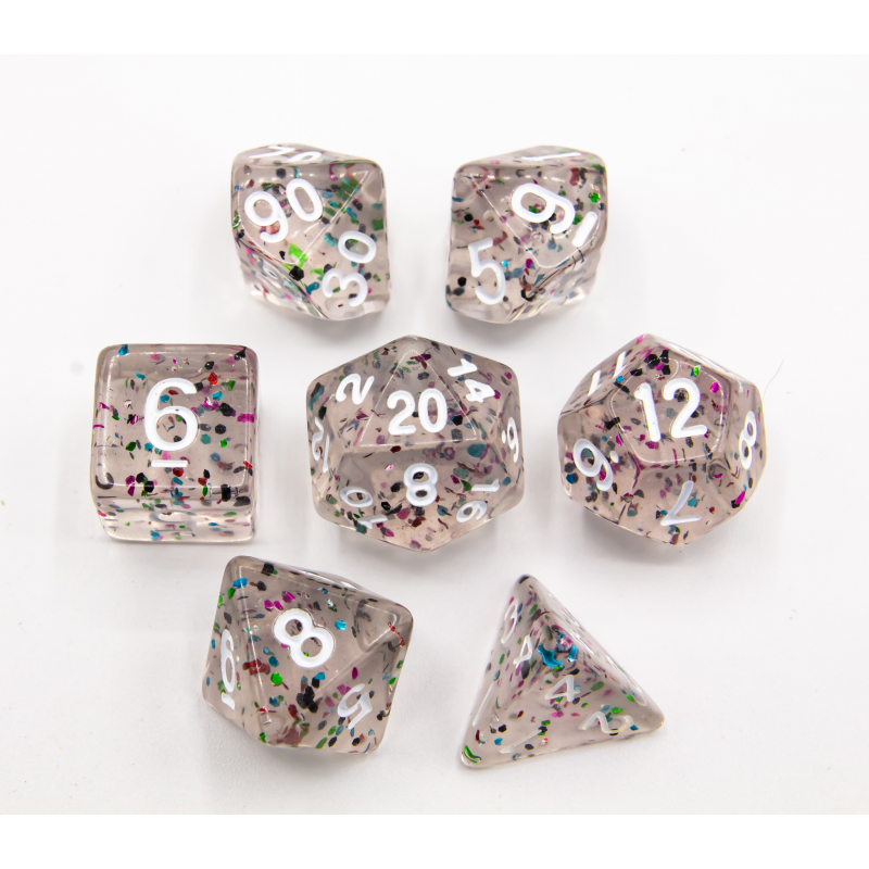 Set of 7 Glitter Polyhedral Dice with Colored Numbers