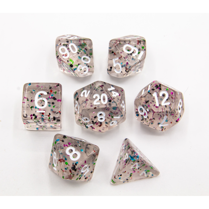 Set of 7 Glitter Polyhedral Dice with Colored Numbers