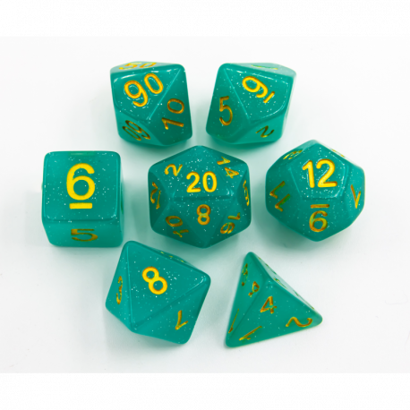 Green Set of 7 Glitter Polyhedral Dice with White Numbers