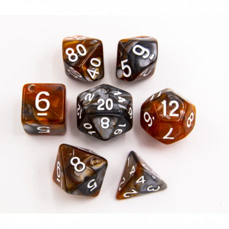 Brown/Steel Set of 7 Steel Polyhedral Dice with White Numbers