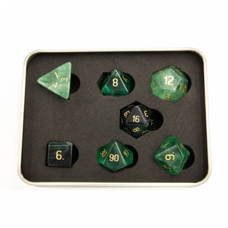 Set of 7 Gemstone Polyhedral Dice with Gold Numbers