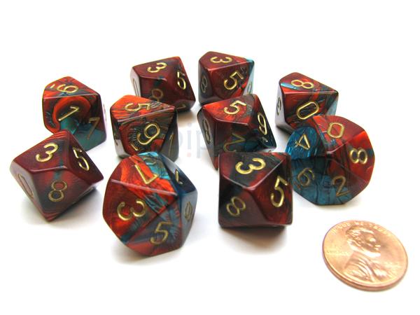 Gemini: Poly Red/Teal/Gold set of D10s