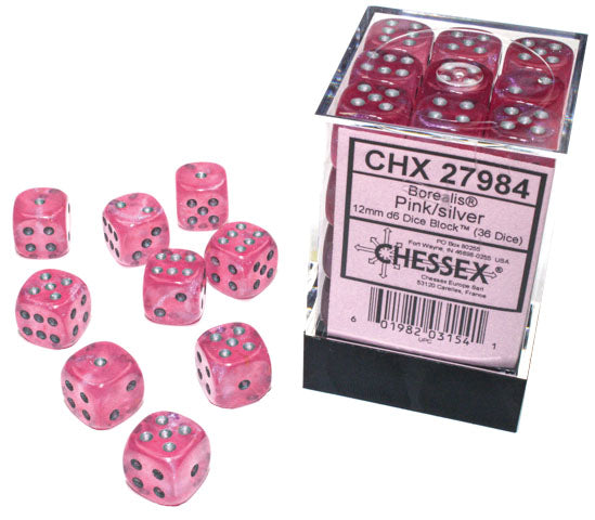 Borealis: 12mm d6 Pink/silver Luminary Dice Block (36 dice)