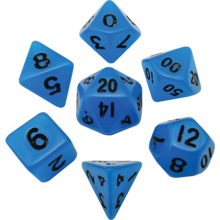 Mini Polyhedral Dice Set: Glow Blue with Black Numbers