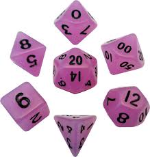 Mini Polyhedral Dice Set: Glow Purple with Black Numbers