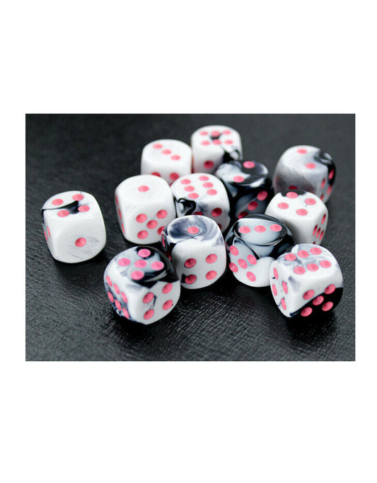 Gemini: 16mm d6 Black-White/pink Dice Block (12 dice)